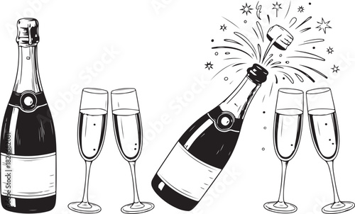 Bottle of champagne and pair of glasses. Popping bottle with cork flying out. Black and white hand drawn vector illustration