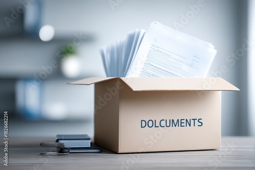 Cardboard box filled with documents and papers on a wooden table, surrounded by stationery items, representing organization and preparation for moving house