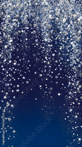 Silver Christmas star confetti raining down on deep blue vertical poster background 