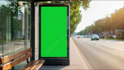 Bus stop with green screen advertisement on city street, urban transportation concept, public transit waiting area, green screen technology, outdoor advertising display platform