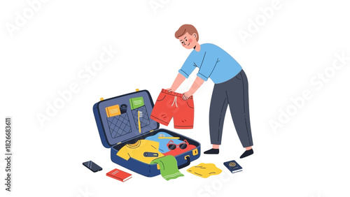 Young man packing an open suitcase with clothes and essentials for a summer vacation or travel adventure. Flat vector character illustration