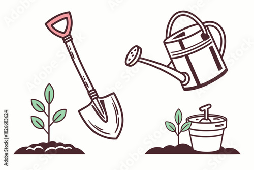 Garden Planting Scene with Tools and Seedlings on White Background gardening shovel