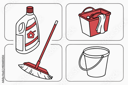 Cleaning Supplies and Buckets in Four Panels on White Background cleaning bottle