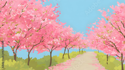 Serene Path Lined with Vibrant Pink Cherry Blossom Trees under a Clear Blue Sky