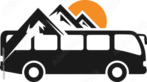 Mountain bus journey icon: adventure, travel, nature exploration