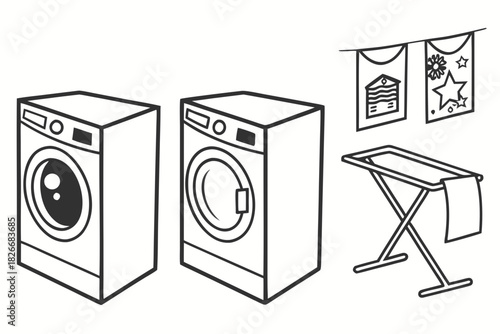 Washing Machines Ironing Board and Clothesline with Banners laundry
