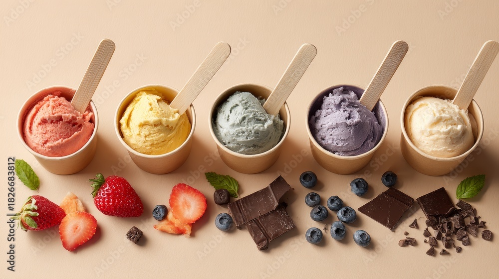 Fototapeta premium ice cream in paper cups with wooden sticks