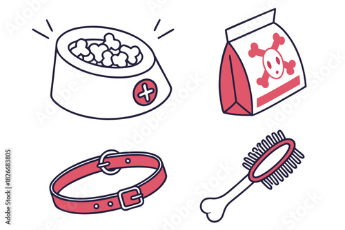 Dog Care Items and Food Bag with Skull Icon on White accessories food bowl
