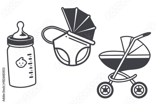 Baby Care Icons Including Bottle Stroller And Carrier On White Background baby bottle