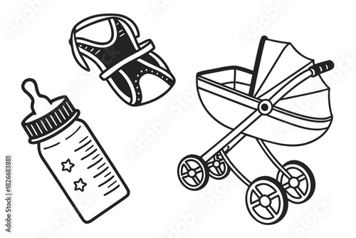 Black and White Baby Items Collection Drawing bottle stroller
