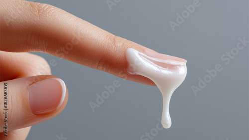 Close up of finger lifting long stretchy trail of creamy lotion with smooth skin and natural nail care