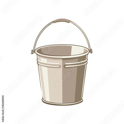 Illustration of a shiny metal bucket with a handle on a plain background