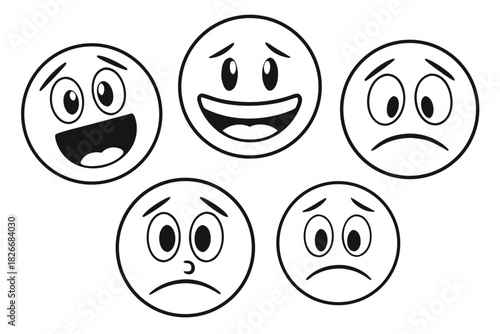 Five cartoon faces expressing various emotions on a white background Keywords: emotion, face, happy