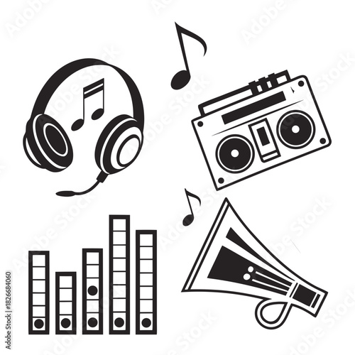 Stylized black and white icons representing music and sound technology Keywords: music, sound