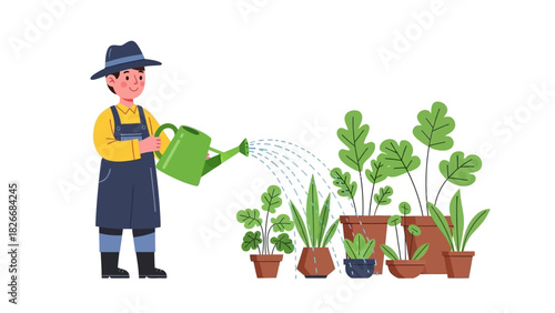 Vector illustration of a person gardening. A farmer waters green potted plants with a watering can, caring for the house garden