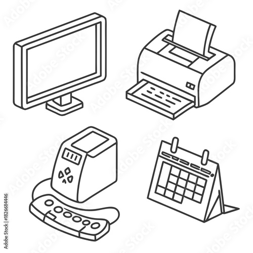 Isometric Office Equipment Icons Computer Printer Calculator Calendar Keywords: isometric, office