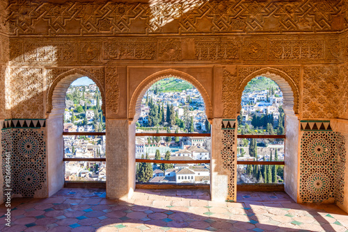 Interiors of medieval Nadrid palace in Alhambra, Granada, Spain