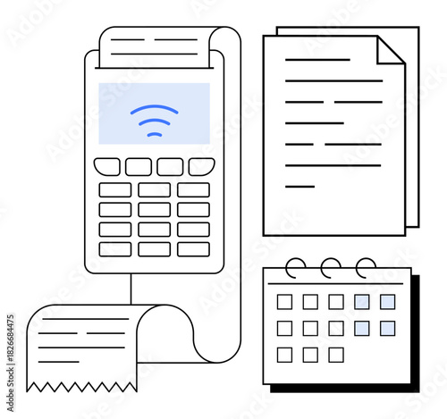 POS device printing receipt, connected documents, and calendar. Ideal for billing, retail, finance, accounting, scheduling expense tracking productivity. Clean simple flat metaphor