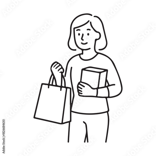 Happy woman enjoying a shopping spree with a bag and a box in hand, excited about her purchases after a successful retail therapy session