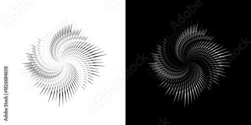 Dynamic abstract spiral sound wave rhythm lines. Circular spiral sound wave rhythm of lines. Circular futuristic abstract lines, black and white background.	

