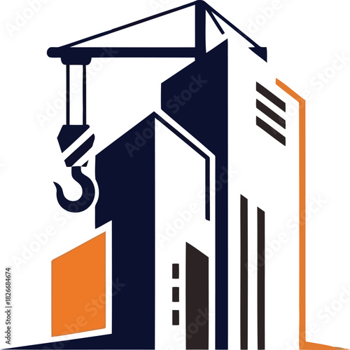 Building construction crane and modern urban architecture logo