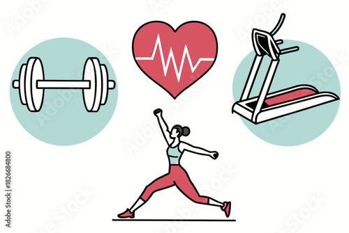 Woman exercising with treadmill and heart rate icon with dumbbell fitness exercise