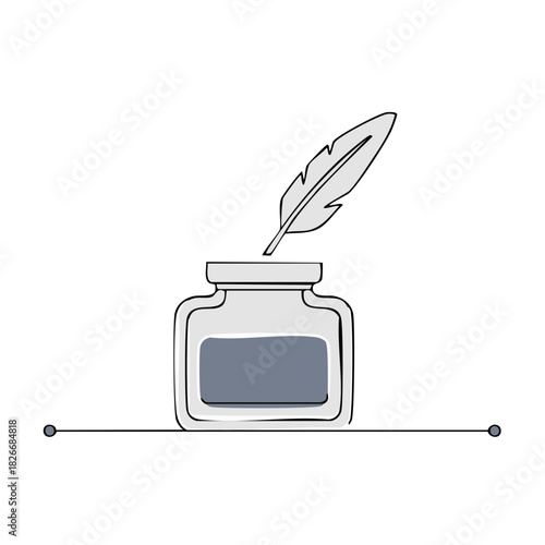 Classic feather quill pen in an inkwell continuous single line drawing illustration