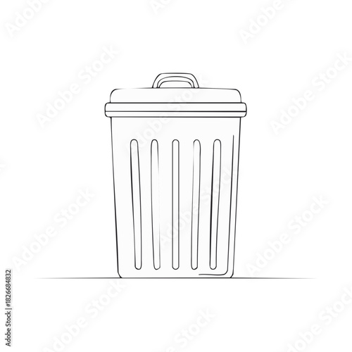 Simple outline drawing of a cylindrical trash can with a lid and handle on a plain surface