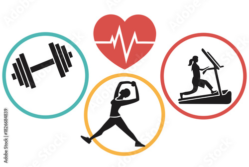 Woman exercising with treadmill and dumbbell icons around heart rate symbol fitness