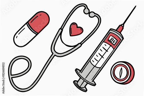Medical Icons Capsule Stethoscope Syringe Heart And Pill On White Background Keywords: medical