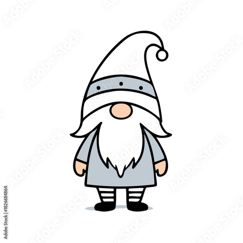 Cute cartoon gnome with a white hat and long beard in a light blue tunic