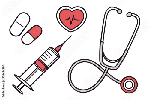 Medical Icons Pills Stethoscope Heartbeat And Syringe On White Background Keywords: medical