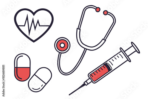 Medical Icons Heartbeat Stethoscope Pills And Syringe On White Background Keywords: medical
