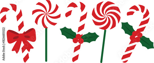 Candy cane. Vector. Christmas stick and round swirl candies icon. Peppermint lollipop symbol isolated on white background in flat design. Cartoon illustration. Striped traditional noel desserts