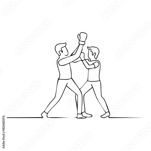 Line drawing showing two men boxing in a ring with boxing gloves during a competitive match or spar