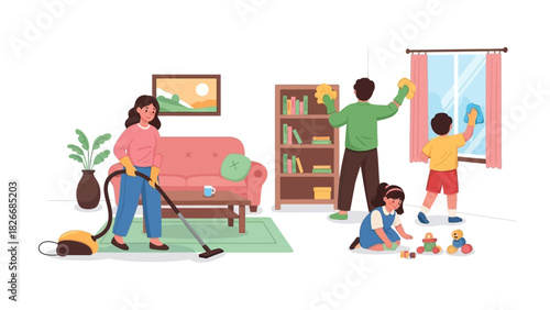 Family Cleaning Day A Colorful Illustration of Household Chores and Togetherness