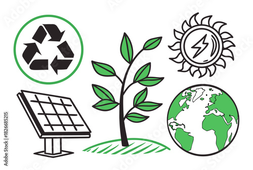 Eco- Friendly Icons Featuring Recycling, Plant, Earth, and Sun with Lightning Keywords: eco friendly