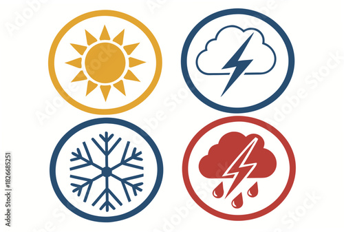 Weather Icons in Circles Featuring Sun, Lightning, Snowflake, and Rain Keywords: weather, sun
