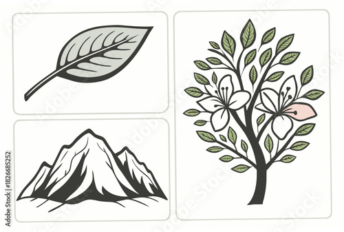 Leaf mountain range and blooming tree in panels green grey