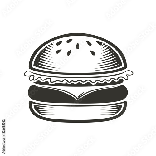 Vintage hamburger illustration in a black and white retro engraving style vector icon