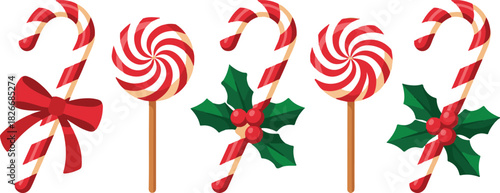 Candy cane. Vector. Christmas stick and round swirl candies icon. Peppermint lollipop symbol isolated on white background in flat design. Cartoon illustration. Striped traditional noel desserts
