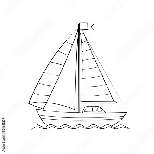 Simple line art sailboat with billowing sails on wavy water