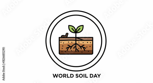 Illustration of a seedling growing in soil within a circular logo for World Soil Day with a simple and informative design.