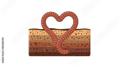 Illustration of a red earthworm forming a heart shape on top of a soil cross-section with distinct layers and texture.