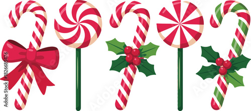 Candy cane. Vector. Christmas stick and round swirl candies icon. Peppermint lollipop symbol isolated on white background in flat design. Cartoon illustration. Striped traditional noel desserts
