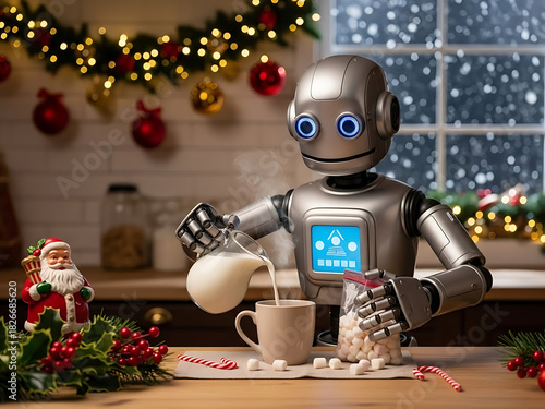 A robot prepares hot chocolate in a warmly decorated Christmas kitchen, steam rising from the mug as lights glow softly around, cozy festive atmosphere, no people