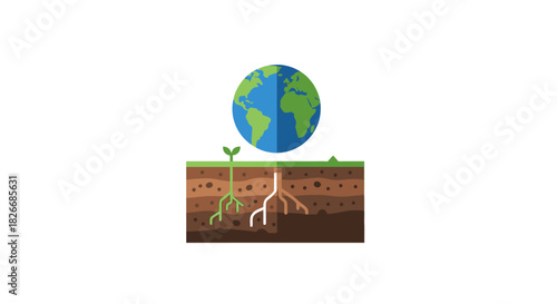 Illustration of a blue and green Earth above a soil cross-section with a growing plant and roots, against a white background.