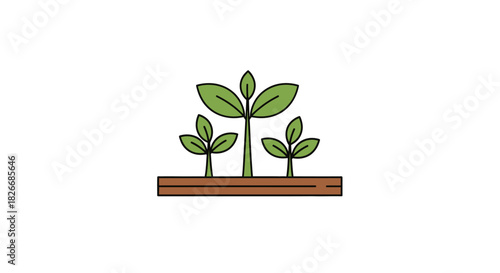 Simple illustration of three green seedlings growing from a brown soil block on a white background.