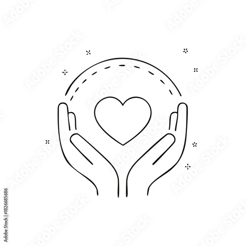 Cupped hands gently protect a simple heart symbol with a dashed arc overhead