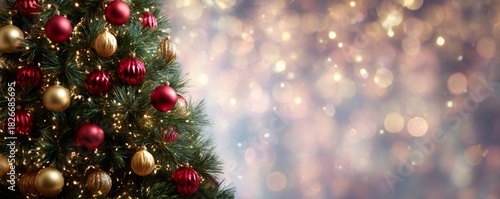 Christmas tree branches decorated with glittering red and gold ornaments, sparkling string lights, and blurred bokeh background